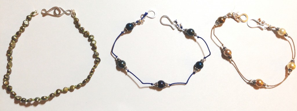 Sage green seed pearls, Blue Swarovski Pearls, Gold and Brass Swarovski Pearls