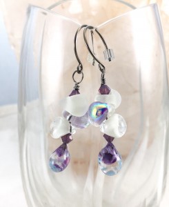 Fluffy White Clouds in a Purple Sky Lampwork Glass Earrings