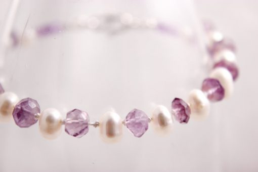 Amethyst and White Freshwater Pearl Bracelet, Knotted Silk Cord