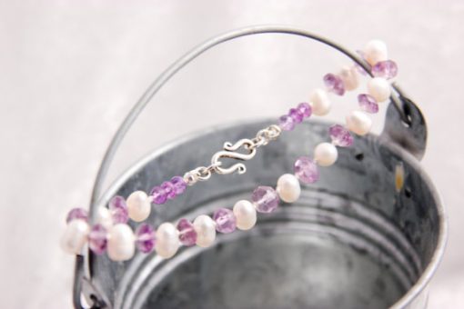 Amethyst and White Freshwater Pearl Bracelet, Knotted Silk Cord - Image 2