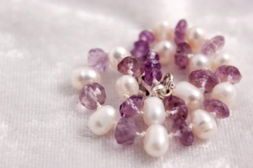 Amethyst and White Freshwater Pearl Bracelet, Knotted Silk Cord - Image 3