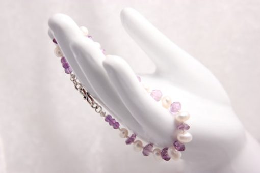 Amethyst and White Freshwater Pearl Bracelet, Knotted Silk Cord - Image 4